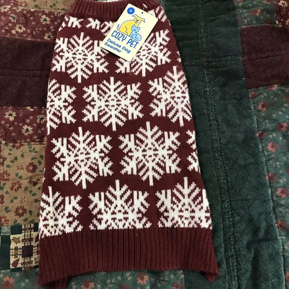 Cozy Pet Deluxe Dog Sweater Burgandy Snowflakes‎ M 14